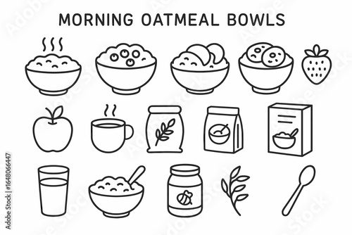 Morning oatmeal bowls: breakfast ingredients and utensils line art