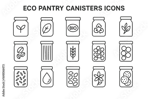 Eco pantry canisters icons: minimal line art for sustainable kitchen