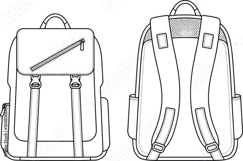 Backpack front and back views, flap with zipper pocket, buckle straps, padded shoulder straps, mesh side pockets, cad drawing flat vector illustration