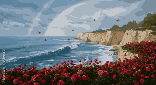 Scenic ocean coastline view with a blooming red rose garden on a cliffside, a beautiful digital illustration of a seaside paradise