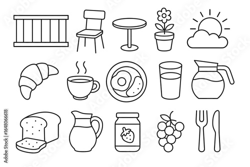 Simple line art of breakfast items and household objects in black and white