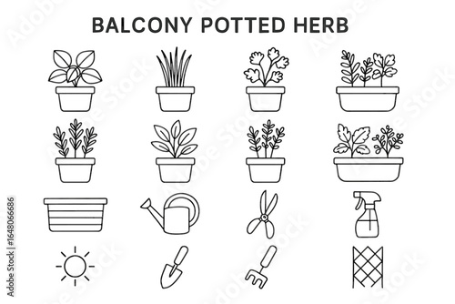 Set of 12 balcony potted herb line icons including tools and elements