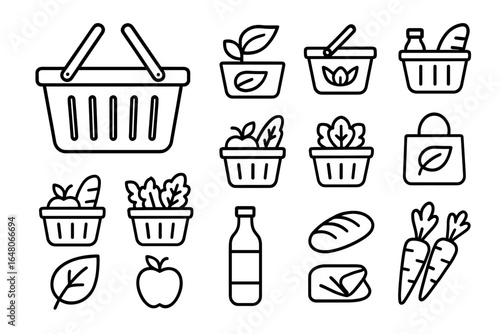 Collection of shopping baskets and grocery icons: fruits, vegetables, and eco-friendly items