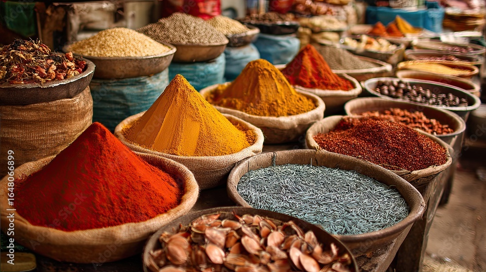 Fototapeta premium A market full of spices in India overflows with vibrant colors and rich aromas, bringing the senses to life. 