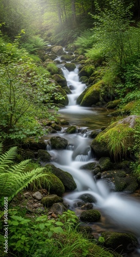 A beautiful forest stream with a small waterfall cascading over mossy rocks