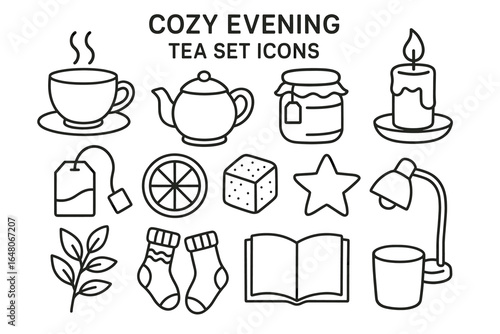 Cozy evening tea set icons with cup, teapot, candle, warm socks, and open book