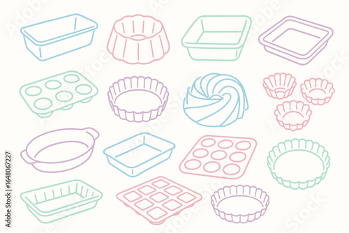 Colorful outlined baking pans and molds collection