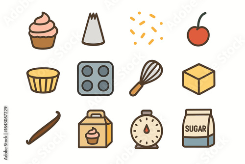 Baking icons: cupcake, cherry, whisk, sugar, timer, sprinkles, vanilla, cube