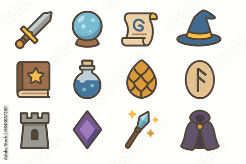 Colorful fantasy icon set featuring magic items and tools