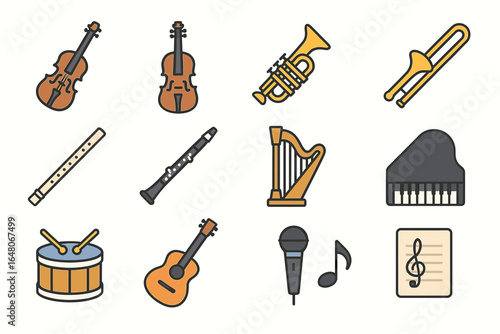 Musical instrument icons: violin, trumpet, drum, guitar, harp, piano, microphone