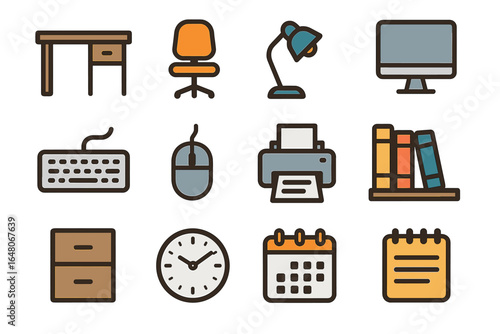 Office supplies icons: desk, chair, lamp, computer, keyboard, mouse, printer, books, file cabinet, clock, calendar, notepad