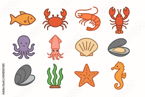 Colorful marine life icons: fish, crustaceans, mollusks, seaweed, starfish, seahorse
