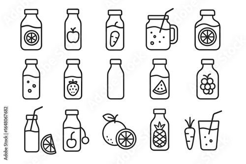 Set of outline juice bottle icons with various fruits and straw designs
