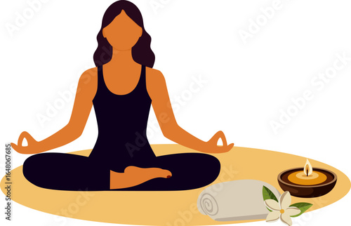 Woman meditating in black suit on mat with towel and aroma candle. Conceptual illustration for yoga, meditation, relaxation, rest and healthy lifestyle. Vector illustration.