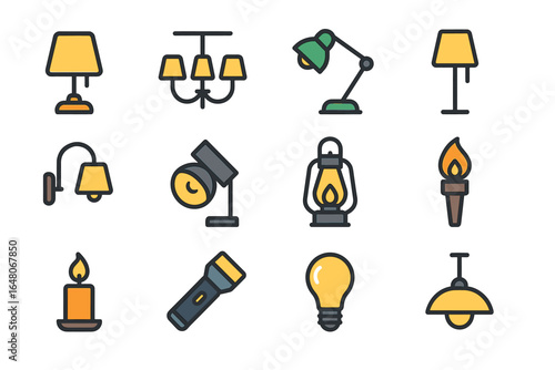 Variety of lamps and lighting icons including chandeliers, table lamps, and flashlights
