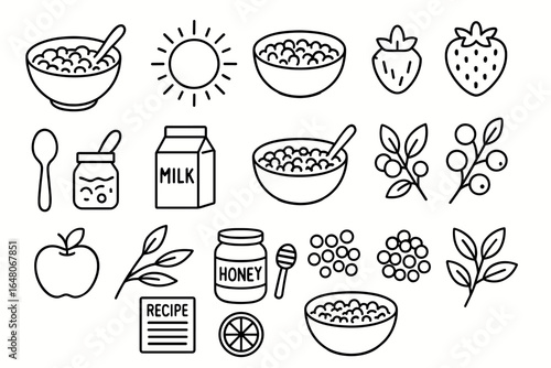 Breakfast cereal ingredients: milk, honey, berries, and oats line art