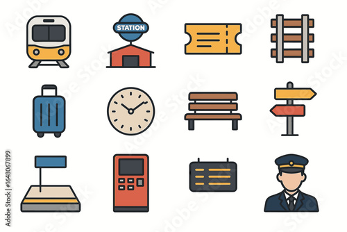 Train station icon set: train, ticket, railway, luggage, clock, uniformed officer