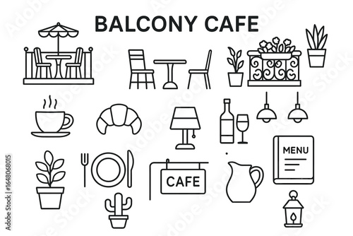 Balcony cafe icons: furniture, decor, food, drinks, and menu illustrations