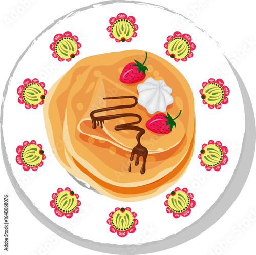 Delicious Crepes topped with fresh strawberries, whipped cream and rich chocolate glaze served on a decorative plate with a vibrant floral pattern. Perfect for breakfast, brunch or dessert menu design