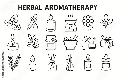 Herbal aromatherapy icons: essential oils, candles, plants, and natural remedies