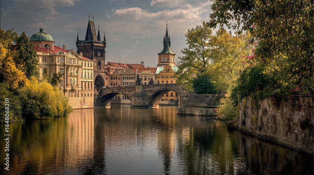 Obraz premium A stone bridge over a river in Prague reflects centuries of history, arching gracefully above the flowing waters.