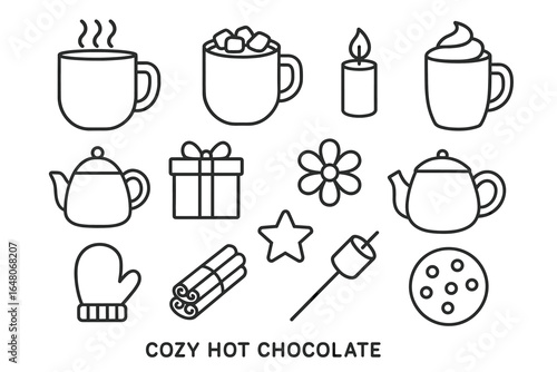 Cozy hot chocolate symbols with mugs, teapots, and winter elements