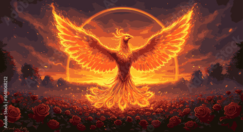 Mythical Phoenix Rising From Embers Amidst a Field of Fiery Red Roses at Sunset