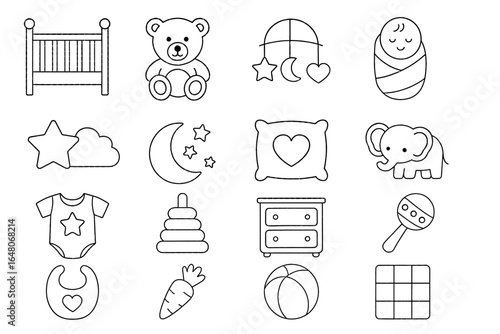 Baby icons collection featuring toys, furniture, and essentials