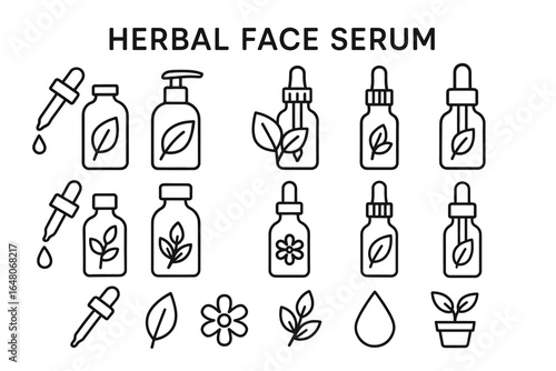 Herbal face serum icons: bottles, droppers, leaves, flowers