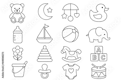 Outline baby toys set with teddy, moon, sailboat, and more