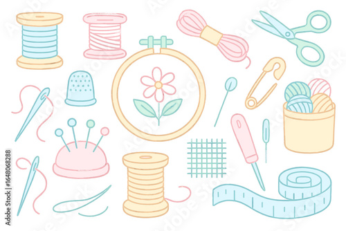 Pastel sewing and embroidery tools collection with flower design