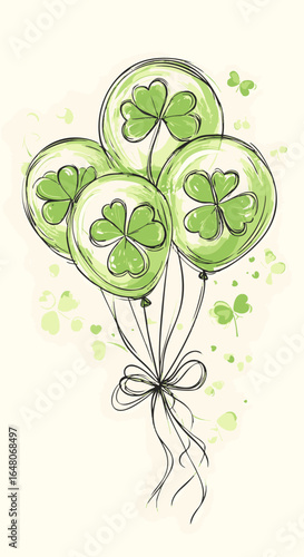 Whimsical hand-drawn illustration of a festive bunch of green balloons decorated with lucky shamrock clovers