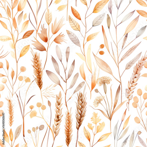 Autumn Wheat and Botanical Branches Seamless Pattern. Watercolor Design