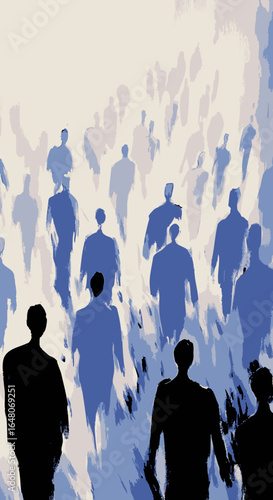 Conceptual illustration of an anonymous crowd of silhouettes moving forward together, representing a collective journey into the future.