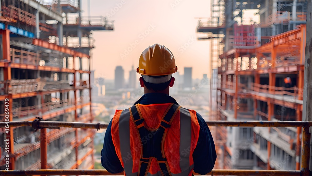 Fototapeta premium Construction worker in orange safety vest and yellow hard hat overlooking city skyline at sunrise construction site
