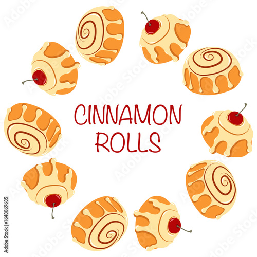 Flat style cinnamon rolls frame with inscription in flat stye. Hand drawn autumn vector illustration for fall themed banners and cards