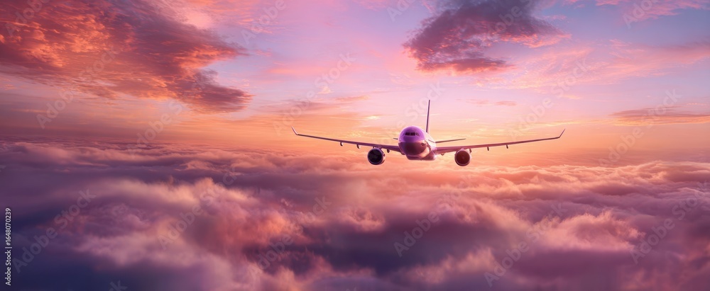 Obraz premium The airplane soaring above vibrant sunset clouds with dramatic pink and purple sky