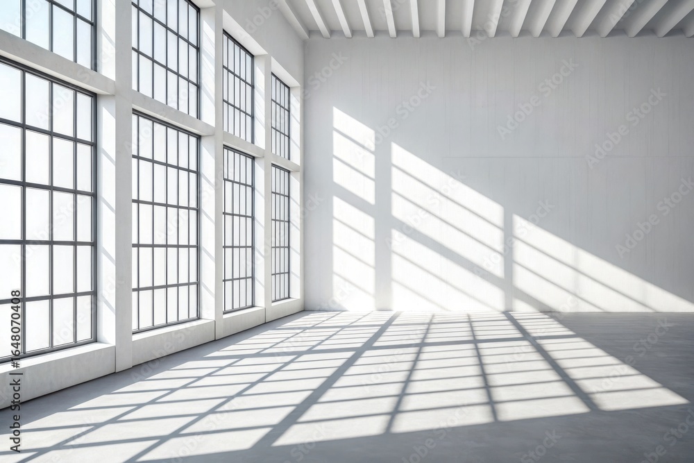 Obraz premium Sunlight streaming through large industrial windows creating geometric shadows isolated on white background