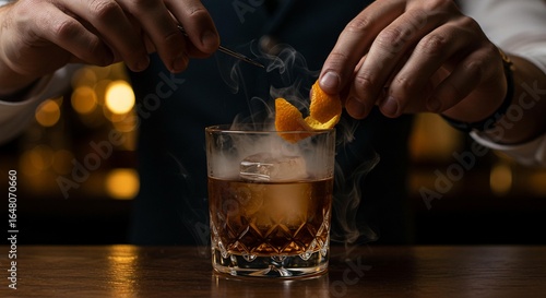 Mixologist Preparing a Smoked Old Fashioned Cocktail, Craft Cocktail with Smoke and Citrus Garnish,