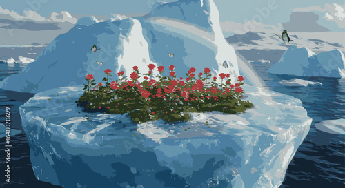 Surreal Iceberg Oasis Blooming Roses Amidst Arctic Waters