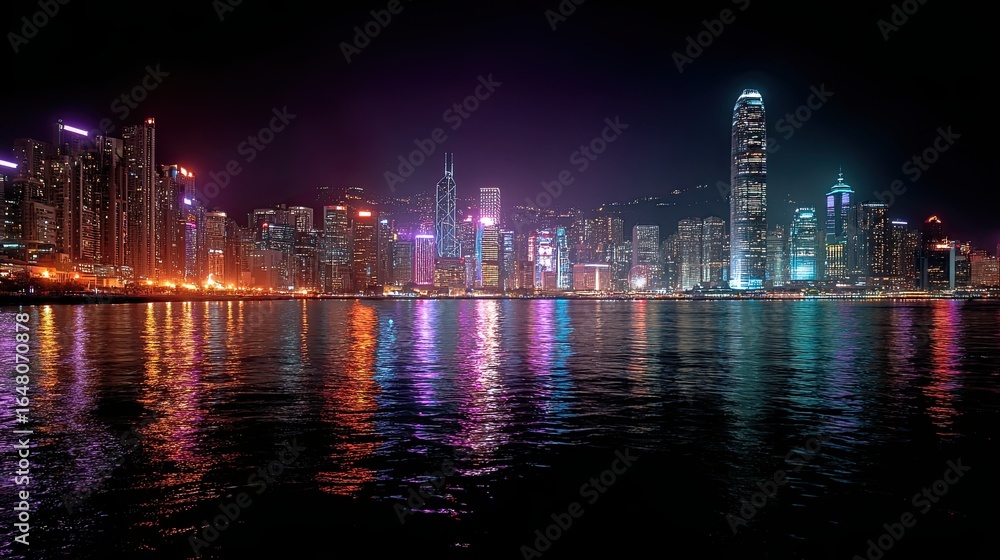 Naklejka premium The skyline of Hong Kong lit up at night sparkles with vibrant lights, reflecting its dynamic energy and modern charm. 
