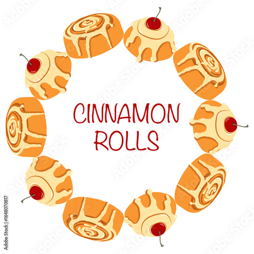 Flat style cinnamon rolls frame with inscription in flat stye. Hand drawn autumn vector illustration for fall themed banners and cards