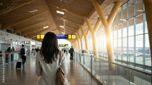 Woman walking through a modern airport terminal with large windows and bright sunlight, ready for travel