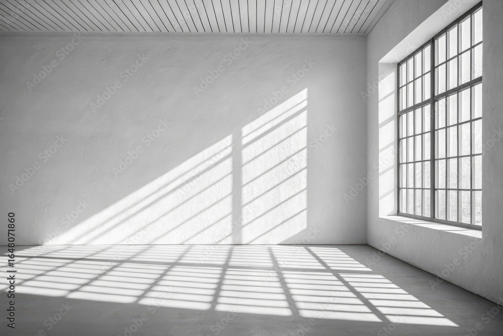 Obraz premium Sunlight streaming through a large industrial window into an empty room isolated on white background