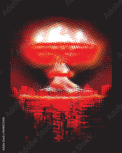 Vector pixel nuclear explosion mushroom with halftone effect on background of modern city in bloody color. Suitable for anti-war posters dedicated to nuclear war and environmental pollution. No AI use