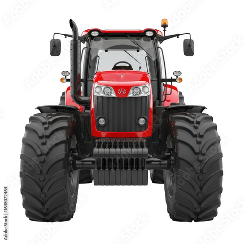 Front view of a red tractor isolated on transparent background, ready for work