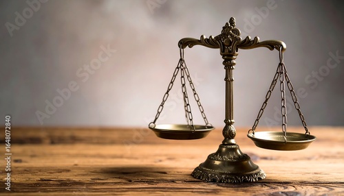 Balanced vintage brass scale on wooden desk, soft directional lighting