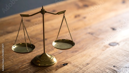 Balanced vintage brass scale on wooden desk, soft directional lighting