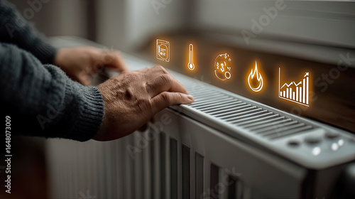 Hands adjust home heating next to digital icons of temperature, energy and cost efficiency. Generated with AI