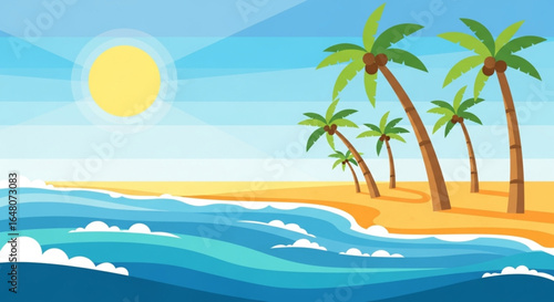 Vibrant tropical beach illustration featuring swaying palm trees, golden sands, and blue ocean waves under a bright sunny sky.
